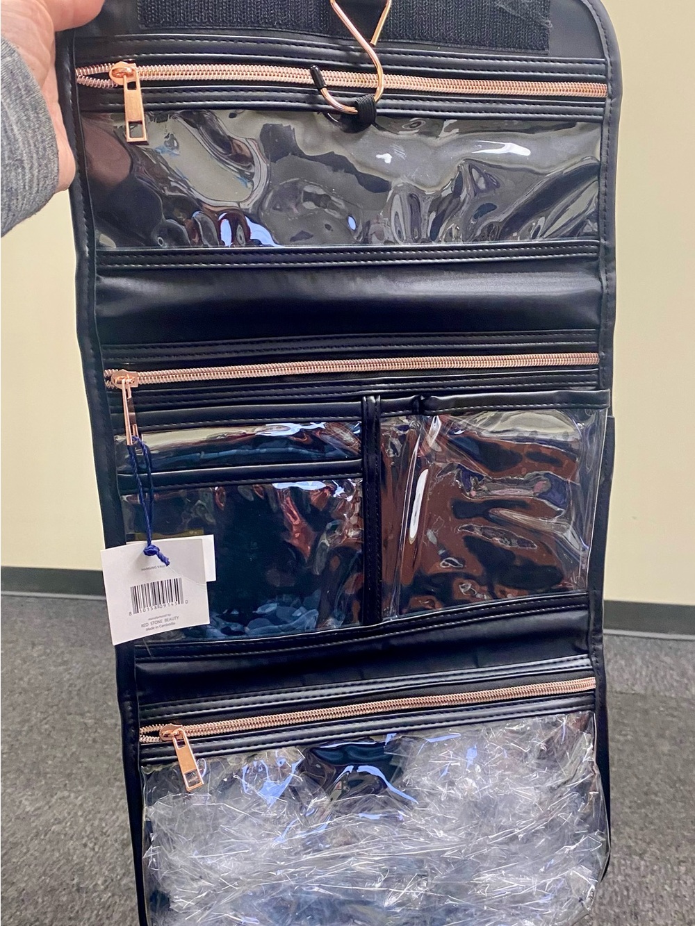 Black Travel Hanging Toiletry Organizer with Rose Gold Zippers